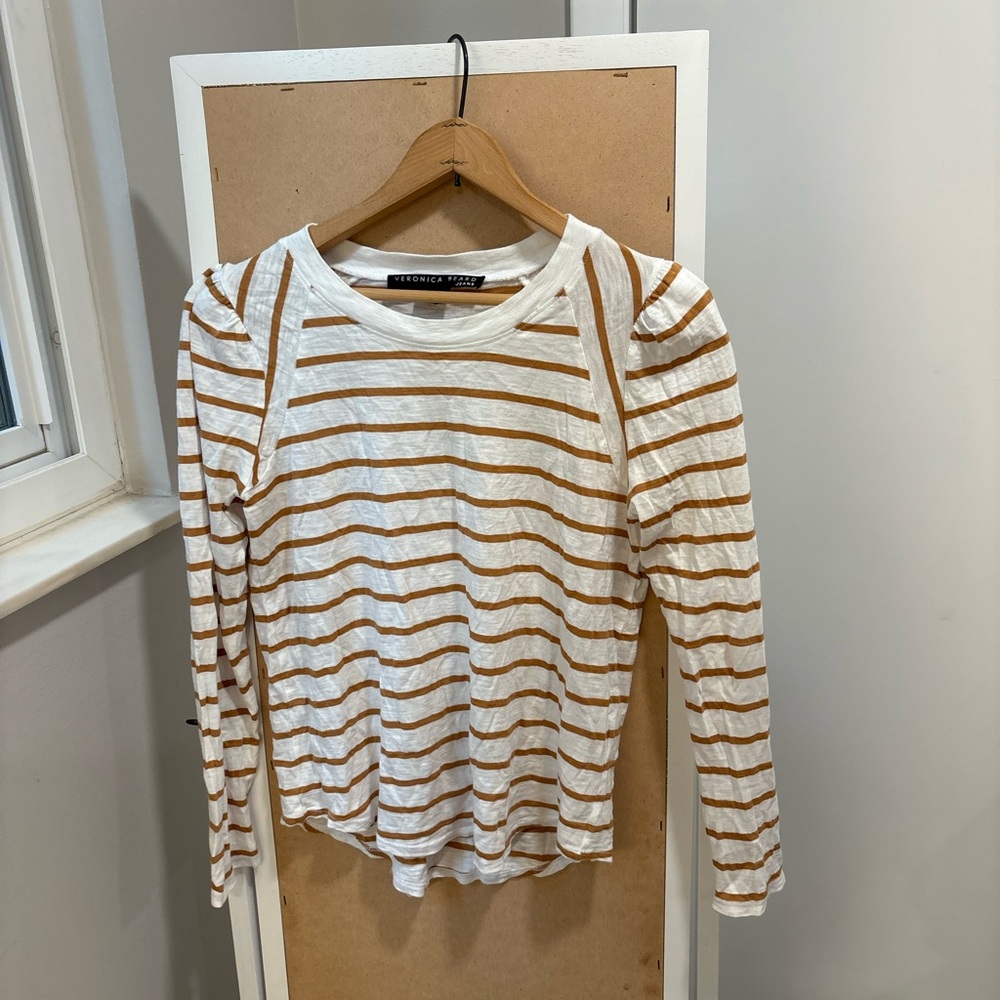 Veronica Beard White & Tan Stripe Pima Cotton Long Sleeve Top Size S